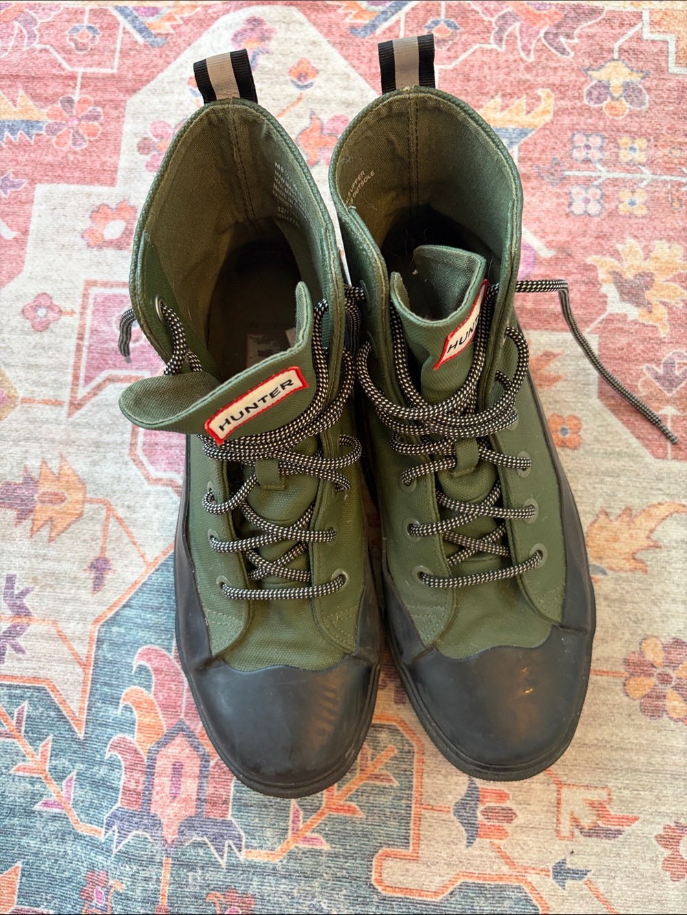 Hunter Olive Green and Black Lace-Up Canvas Boots